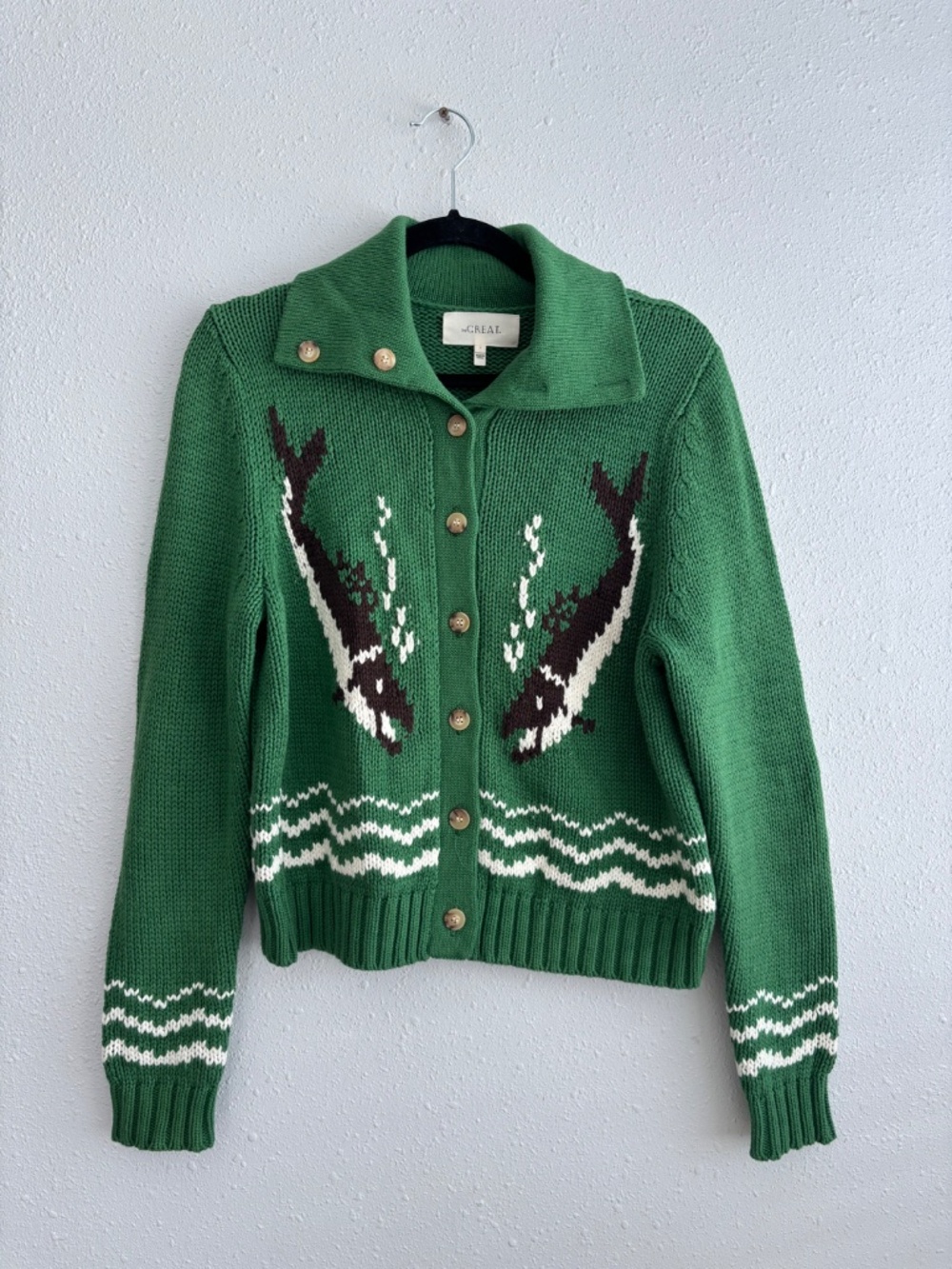 THE GREAT. THE BASS CARDIGAN Green Knit 100% Cotton - Size 1 - Picture 3 of 8